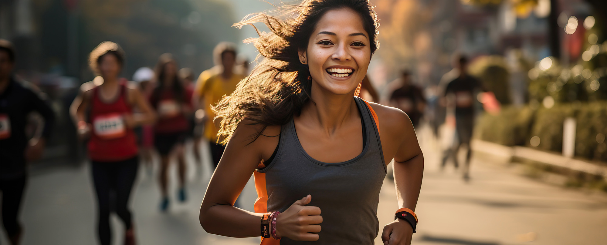 Group running during race with woman in front